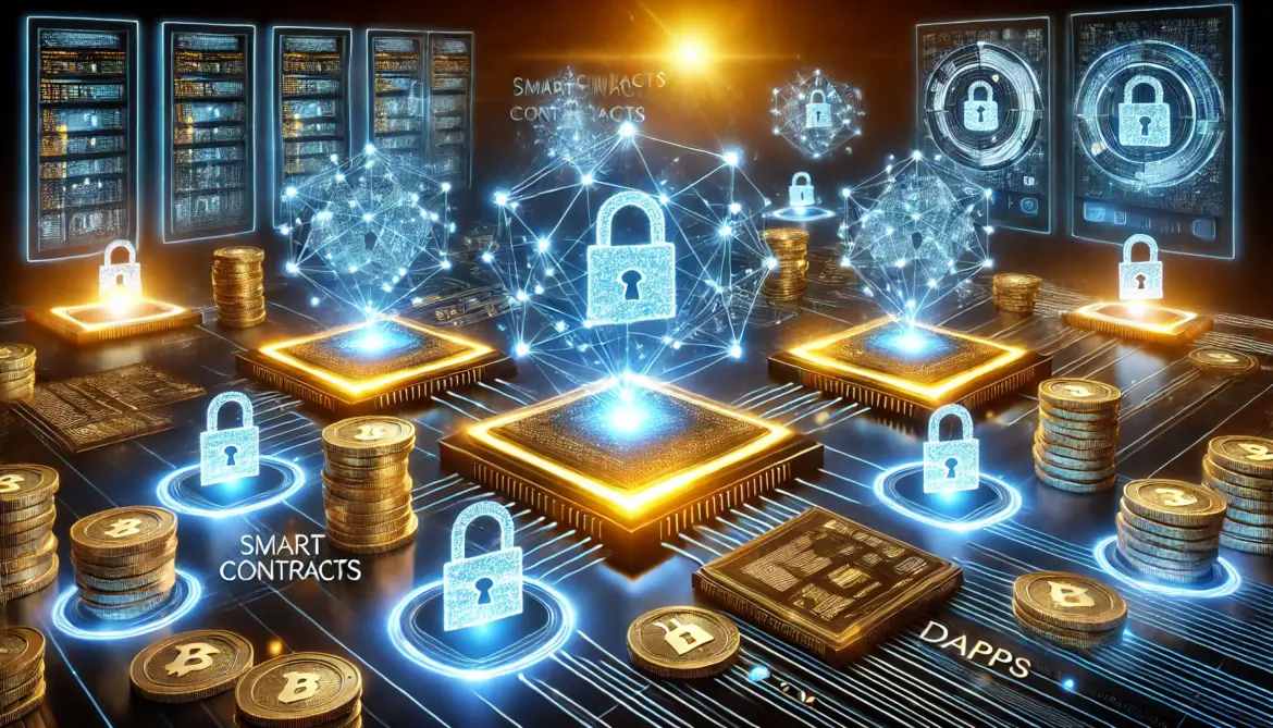 DALL·E 2025-03-28 15.42.54 – A futuristic digital landscape representing blockchain innovations and recent breakthroughs. The image features a glowing blockchain network with inte