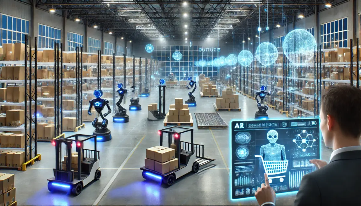 DALL·E 2025-03-28 16.11.19 – A futuristic e-commerce warehouse filled with autonomous robots revolutionizing logistics. The image showcases robotic arms sorting packages, self-dri