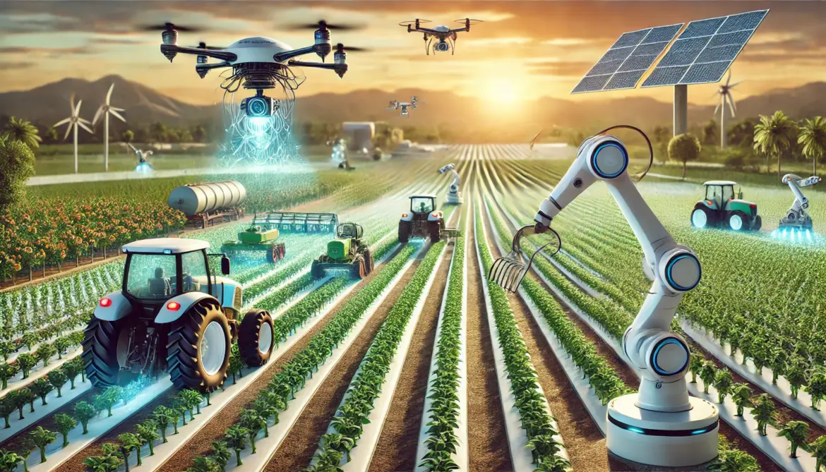 DALL·E 2025-03-28 17.11.08 – A futuristic agricultural landscape featuring advanced robotics. Autonomous drones monitor vast fields, while robotic arms harvest crops with precisio