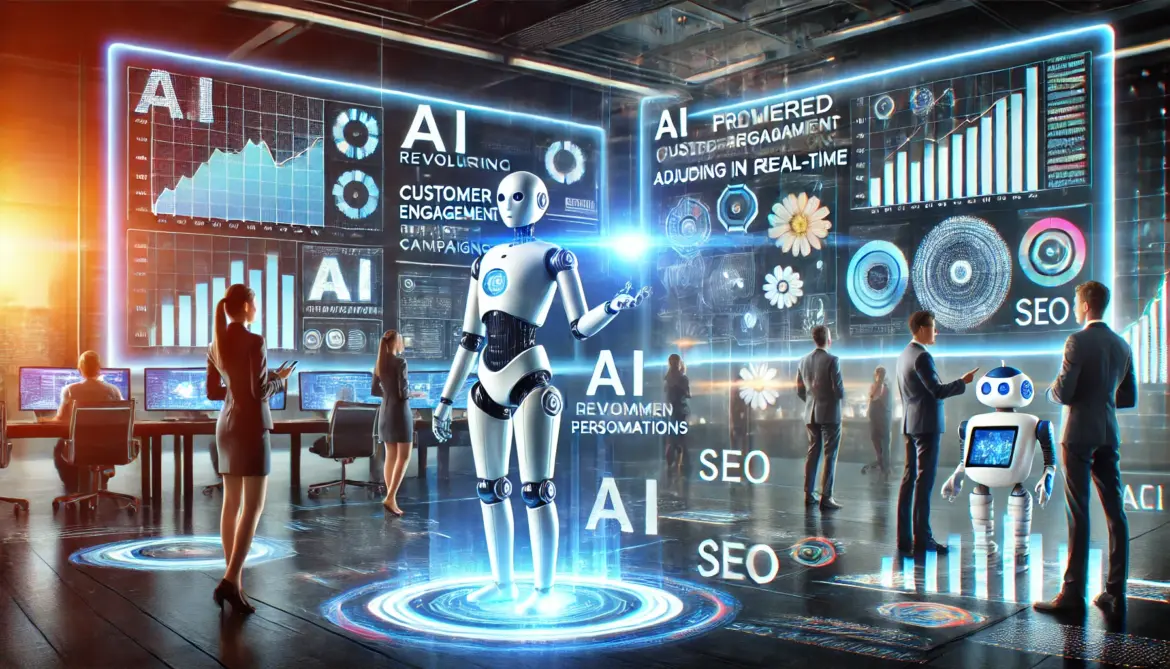 DALL·E 2025-03-28 12.19.30 – A futuristic digital marketing concept showcasing AI revolutionizing the industry. The image features a glowing AI-powered marketing dashboard with an