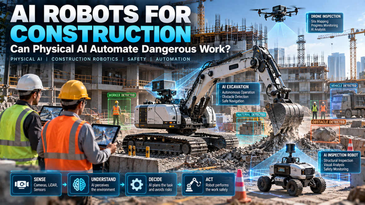 AI robot using Physical AI to perform dangerous construction work on a modern building site